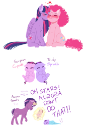 Size: 1001x1417 | Tagged: safe, artist:natsuni0, derpibooru import, pinkie pie, twilight sparkle, twilight sparkle (alicorn), oc, alicorn, earth pony, pony, blushing, eyes closed, female, foal, heart, kiss on the cheek, kissing, lesbian, magical lesbian spawn, mare, nuzzling, offspring, parent:pinkie pie, parent:twilight sparkle, parents:twinkie, preggy pie, pregnant, shipping, siblings, simple background, twinkie, twins, white background