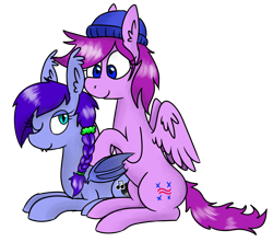 Size: 2665x2355 | Tagged: safe, artist:liserancascade, oc, oc only, oc:amplitude, oc:silica tetrahedron, bat pony, pegasus, pony, accessory swap, beanie, braid, braiding, cute, hat, scrunchie