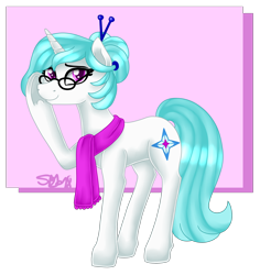 Size: 1588x1681 | Tagged: safe, artist:spokenmind93, derpibooru import, oc, oc only, oc:snow star, unicorn, clothes, female, glasses, hair bun, scarf, shy, signature, simple background, solo, transparent background