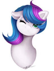 Size: 1024x1340 | Tagged: safe, artist:mindlesssketching, derpibooru import, oc, oc:sugar cloud, earth pony, pony, bust, female, mare, one eye closed, portrait, simple background, solo, transparent background, wink