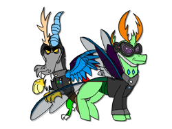 Size: 2048x1536 | Tagged: artist needed, safe, derpibooru import, discord, thorax, changedling, changeling, 1000 hours in ms paint, aviator goggles, bomber crew, duo, franz and fritz blitzer, king thorax, simple background, transparent background