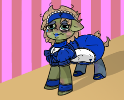 Size: 1000x802 | Tagged: safe, artist:n-o-n, oc, oc only, oc:dusty dream, pony, apron, bags under eyes, blue, clothes, colored, crying, exploitable meme, female, heart, lipstick, maid, make it happen, makeup, meme, room, solo