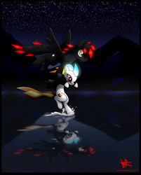 Size: 2520x3136 | Tagged: safe, artist:unitoone, oc, oc only, oc:star fighter, pegasus, pony, clothes, flying, jacket, lake, night, reflection, stars, water