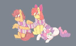 Size: 1542x936 | Tagged: safe, artist:chepelitaxd, derpibooru import, apple bloom, scootaloo, sweetie belle, earth pony, pegasus, pony, unicorn, clothes, cute, cutie mark crusaders, scarf, shared clothing, shared scarf, trio