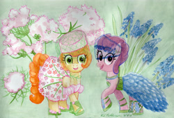 Size: 5092x3464 | Tagged: safe, artist:kelseyleah, derpibooru import, berry punch, berryshine, carrot top, golden harvest, pony, clothes, dress, flower, grape hyacinth, queen anne's grape, traditional art