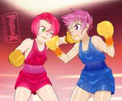 Size: 1280x1057 | Tagged: safe, artist:pugilismx, derpibooru import, babs seed, scootaloo, human, boxing, boxing gloves, fight, humanized, short hair, sports, trunks