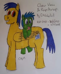 Size: 1075x1300 | Tagged: safe, artist:rapidsnap, derpibooru import, oc, oc only, oc:clear view, oc:rapidsnap, pegasus, pony, :p, colt, father and child, father and son, male, parent and child, silly, tongue out, traditional art