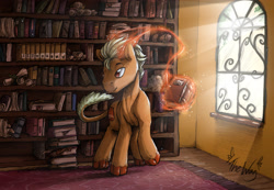 Size: 3444x2378 | Tagged: safe, artist:the-wag, oc, oc only, oc:orobas, dracony, hybrid, backlighting, book, commission, crepuscular rays, horns, library, magic, solo