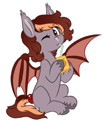 Size: 1973x2317 | Tagged: safe, artist:chub-wub, derpibooru import, oc, oc only, oc:pepper zest, bat pony, pony, bat pony oc, cute, cute little fangs, fangs, female, filly, juice, juice box, ocbetes, offspring, one eye closed, parent:oc:savory zest, parent:oc:scarlet quill, parents:oc x oc, parents:scarlory, simple background, solo, transparent background, unshorn fetlocks