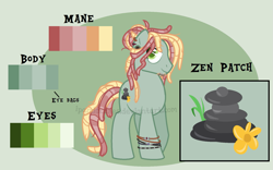 Size: 1487x926 | Tagged: safe, artist:ipandacakes, derpibooru import, oc, oc:zen patch, earth pony, pony, male, offspring, parent:tree hugger, parent:zephyr breeze, parents:zephyrhugger, reference sheet, solo, stallion