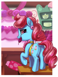Size: 2593x3472 | Tagged: safe, artist:moonseeker, derpibooru import, cup cake, earth pony, pony, apron, clothes, cutie mark, dishes, ear piercing, earring, female, food, frosting, heart, icing bag, jewelry, looking back, mare, piercing, plot, smiling, solo, sugarcube corner