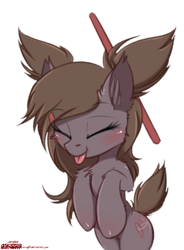 Size: 735x997 | Tagged: safe, artist:orang111, derpibooru import, oc, oc only, oc:rebii, earth pony, pony, :p, bipedal, blushing, cute, eyes closed, female, hair bun, mare, pigtails, silly, solo, tongue out
