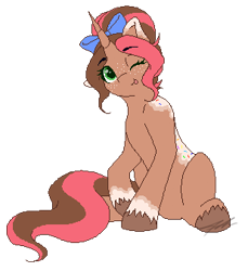 Size: 309x338 | Tagged: safe, artist:mindlesssketching, derpibooru import, oc, oc:tia cakes, pony, unicorn, female, mare, one eye closed, pixel art, simple background, solo, transparent background, wink