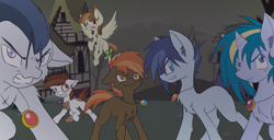 Size: 5000x2563 | Tagged: safe, artist:larrykitty, derpibooru import, button mash, featherweight, pipsqueak, rumble, shady daze, skeedaddle, alternate mane six, alternate timeline, alternate universe, colt, colts of harmony, elements of harmony, foal, male, ponyville