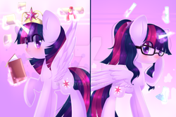 Size: 1024x683 | Tagged: safe, artist:twily-star, derpibooru import, sci-twi, twilight sparkle, twilight sparkle (alicorn), alicorn, pony, big crown thingy, book, equestria girls ponified, glasses, heart eyes, jewelry, ponified, ponytail, regalia, scitwilicorn, scroll, test tube, twolight, wingding eyes