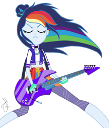 Size: 677x800 | Tagged: safe, artist:ilaria122, derpibooru import, oc, oc:sky, equestria girls, belt, choker, clothes, denim skirt, electric guitar, equestria girls-ified, eyes closed, female, guitar, hair flip, jacket, leggings, next generation, offspring, open mouth, parent:rainbow dash, parent:soarin', parents:soarindash, piercing, simple background, skirt, sports bra, transparent background