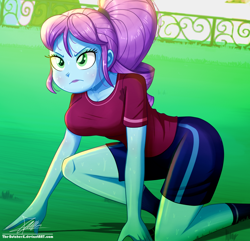 Size: 1160x1120 | Tagged: safe, artist:the-butch-x, derpibooru import, crystal lullaby, equestria girls, clothes, crystal prep academy, crystal prep academy uniform, frown, questionable source, solo, sports training x, sweat