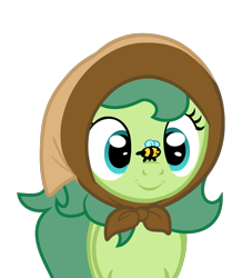 Size: 980x1080 | Tagged: safe, artist:kody02, derpibooru import, oc, oc only, oc:silly numptie, bee, earth pony, pony, the parent map, babushka, clothes, cute, digital art, disgruntled, female, headscarf, insect on nose, looking at something, looking at you, mare, mlplounge, ocbetes, reddit, scarf, simple background, smiling, solo, transparent background, vector, wide eyes