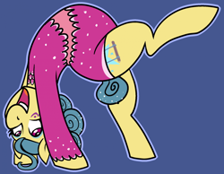 Size: 1280x993 | Tagged: safe, artist:/d/non, trapeze star, earth pony, pony, 30 minute art challenge, backbend, blue background, clothes, female, flexible, leotard, outline, plump, simple background, solo