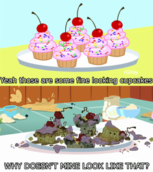 Size: 1280x1436 | Tagged: safe, derpibooru import, edit, edited screencap, screencap, yakity-sax, cupcake, epic fail, fail, food, image macro, meme, no pony, reference, simpsons did it, the simpsons