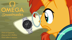 Size: 1920x1080 | Tagged: safe, derpibooru import, edit, edited screencap, editor:wild stallions, screencap, sunburst, pony, unicorn, the parent map, ad parody, just look at the time, logo, look at the time, omega, omega logo, omega speedmaster, socks (coat marking), solo, sunburst's wristwatch, watch, wristwatch