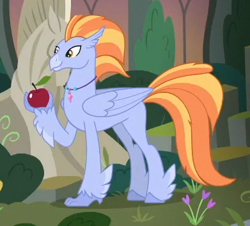 Size: 391x353 | Tagged: safe, derpibooru import, screencap, classical hippogriff, hippogriff, surf and/or turf, apple, background hippogriff, cropped, feathered fetlocks, food, male, raised claw, solo, unnamed hippogriff