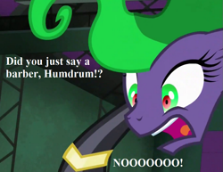 Size: 875x675 | Tagged: safe, derpibooru import, edit, edited screencap, screencap, mane-iac, power ponies (episode), big no, cropped, freaking out, imminent manecut, implied humdrum, text