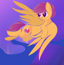 Size: 2311x2345 | Tagged: safe, artist:skyflys, scootaloo, pony, abstract background, cute, cutie mark, flying, lineless, scootaloo can fly, solo, the cmc's cutie marks