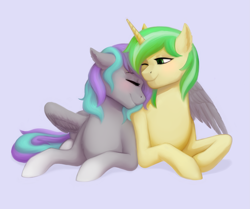 Size: 2305x1924 | Tagged: safe, artist:arsenya, derpibooru import, oc, oc only, oc:first edition, oc:silverstar, pegasus, pony, unicorn, commission, cuddling, cute, digital art, duo, eyes closed, female, high res, lesbian, mare, oc x oc, one eye closed, purple background, shipping, simple background, smiling, wink, ych result