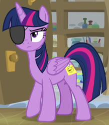 Size: 660x760 | Tagged: safe, derpibooru import, screencap, twilight sparkle, twilight sparkle (alicorn), alicorn, friendship university, eyepatch, eyepatch (disguise), paper-thin disguise, solo