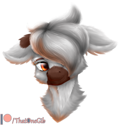 Size: 900x928 | Tagged: safe, artist:thatonegib, derpibooru import, oc, oc only, oc:opal, bust, cheek fluff, coat markings, ear fluff, eyebrow piercing, eyebrows, floppy ears, fluffy, hair over one eye, head tilt, looking at you, neck fluff, orange eyes, patreon, patreon logo, piercing, portrait, simple background, smiling, solo, transparent background