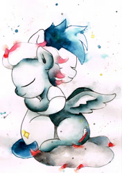 Size: 1600x2275 | Tagged: safe, artist:mashiromiku, derpibooru import, pegasus, pony, commission, eyes closed, hug, traditional art, watercolor painting