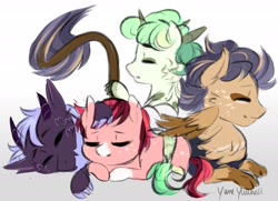 Size: 2731x1977 | Tagged: safe, artist:yumeyuuheii, oc, oc only, oc:boomer, oc:candy hooves, oc:gabby, oc:jasette, oc:tracer, dracony, hippogriff, hybrid, pony, interspecies offspring, magical lesbian spawn, offspring, parent:apple bloom, parent:diamond tiara, parent:scootaloo, parent:spike, parent:sweetie belle, parents:diamondbloom, parents:gabbyloo, parents:spikebelle