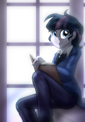 Size: 2400x3400 | Tagged: safe, artist:geraritydevillefort, derpibooru import, twilight sparkle, equestria girls, book, clothes, looking at you, mondego, monsparkle, musical, pants, sitting, smiling, solo, the count of monte cristo, the count of monte rainbow, window