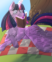 Size: 1700x2000 | Tagged: safe, artist:alienface123, derpibooru import, twilight sparkle, twilight sparkle (alicorn), alicorn, pony, blanket, book, ear fluff, female, glowing horn, magic, mare, picnic, picnic blanket, prone, reading, solo, telekinesis, tree