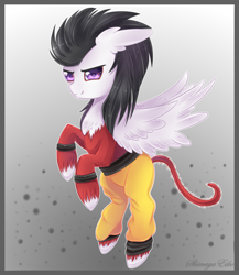 Size: 1905x2190 | Tagged: safe, artist:shimayaeiko, derpibooru import, oc, oc only, oc:pipe dream, pegasus, pony, chest fluff, clothes, crossover, dragon ball gt, fluffy, flying, long mane, male, monkey tail, super saiyan 4