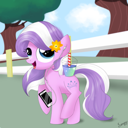 Size: 2000x2000 | Tagged: safe, artist:songbirdserenade, diamond tiara, pony, cellphone, earbuds, flower, flower in hair, high res, park, park background, phone, singing, skipping, smoothie, solo