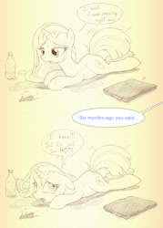 Size: 1052x1466 | Tagged: safe, artist:sherwoodwhisper, derpibooru import, oc, oc only, oc:eri, unicorn, comic, female, pencil drawing, solo, sweat, text, traditional art