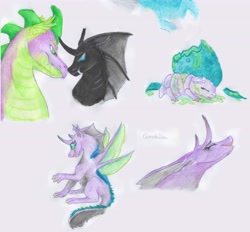 Size: 5632x5233 | Tagged: safe, artist:dawn22eagle, spike, thorax, oc, oc:cordelia, changedling, changeling, dragon, hybrid, nymph, absurd resolution, adult, adult spike, gay, hatching, interspecies offspring, larva, magical gay spawn, male, offspring, older, older spike, parent:spike, parent:thorax, parents:thoraxspike, shipping, thoraxspike