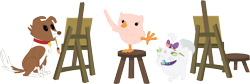 Size: 3581x1209 | Tagged: safe, artist:porygon2z, derpibooru import, opalescence, owlowiscious, winona, cat, dog, owl, easel, featherless, female, male, mouth hold, paint, paintbrush, painting, pose, simple background, stool, transparent background