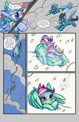 Size: 6600x10200 | Tagged: safe, artist:lytlethelemur, derpibooru import, soarin', oc, oc:gimbal lock, oc:rally point, pegasus, pony, comic:fly with me, absurd resolution, adventure, clothes, comic, crying, cute, littlepartycomics, scarf, snow, tree branch, wildabeard
