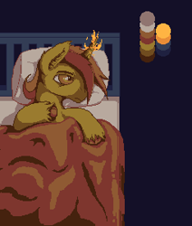 Size: 254x300 | Tagged: safe, artist:unpeeledwasp, derpibooru import, oc, oc:gearlock, bed, in bed, male, pixel art, solo