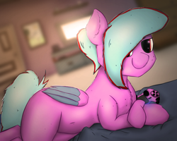 Size: 5000x4000 | Tagged: safe, artist:rainyvisualz, derpibooru import, oc, oc only, oc:star beats, pegasus, pony, absurd resolution, bed, complex background, controller, draw me like one of your french girls, looking at you, lying down, picture frame, playstation 4, shading, solo, television, wings