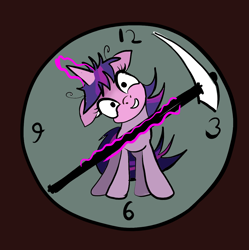 Size: 1098x1103 | Tagged: safe, artist:xbi, twilight sparkle, unicorn twilight, pony, unicorn, 30 minute art challenge, clock, scythe, solo, twilight snapple