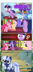 Size: 1919x4225 | Tagged: safe, artist:estories, derpibooru import, fluttershy, pinkie pie, twilight sparkle, twilight sparkle (alicorn), oc, oc:silverlay, alicorn, earth pony, pegasus, pony, unicorn, comic:a(pple)ffection, comic, female, mare