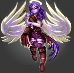 Size: 3550x3509 | Tagged: safe, artist:pridark, derpibooru import, oc, oc only, oc:scarlet melody, angel, human, boots, bow (instrument), clothes, elf ears, female, halo, high res, humanized, humanized oc, looking at you, not starlight glimmer, shoes, solo, violin, wings