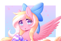 Size: 2683x1809 | Tagged: safe, artist:fluffymaiden, derpibooru import, oc, oc only, oc:bay breeze, pegasus, pony, blushing, bow, clothes, commission, cute, female, hair bow, heart eyes, looking at you, mare, ocbetes, smiling, socks, solo, spread wings, striped socks, tongue out, wingding eyes, wings
