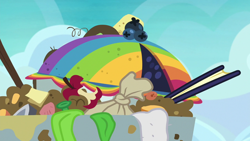 Size: 1280x720 | Tagged: safe, derpibooru import, screencap, secrets and pies, apple core, blueberry, food, no pony, pie, rainbow blueberry pie, trash, trash can