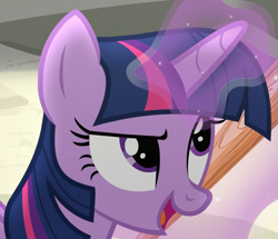 Size: 1255x1081 | Tagged: safe, derpibooru import, edit, edited screencap, screencap, twilight sparkle, twilight sparkle (alicorn), alicorn, school daze, baseball bat, costanza face, cropped, ishygddt, levitation, magic, meme, shiggy diggy, solo, telekinesis