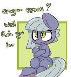 Size: 1506x1631 | Tagged: safe, artist:lou, derpibooru import, limestone pie, earth pony, pony, angry, cross-popping veins, crossed arms, cute, eye clipping through hair, female, fuck you, grumpy, limabetes, madorable, mare, profane, sitting, speech, subversive kawaii, swearing, vulgar